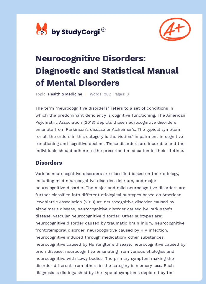Neurocognitive Disorders: Diagnostic and Statistical Manual of Mental Disorders. Page 1