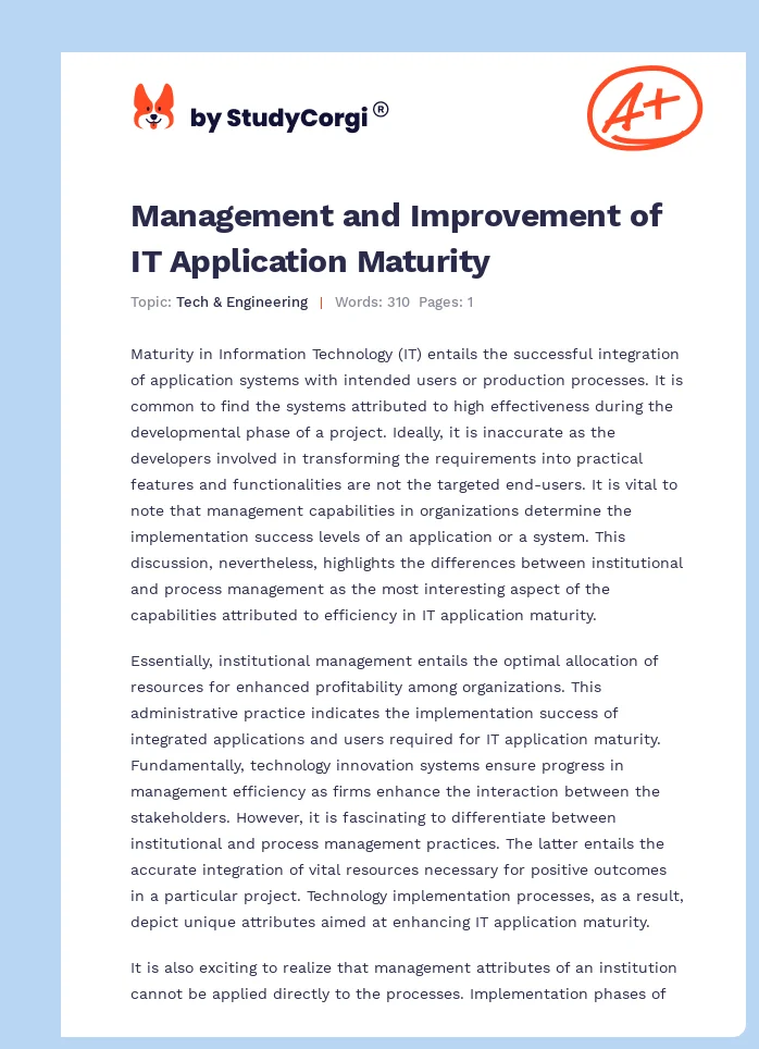 Management and Improvement of IT Application Maturity. Page 1