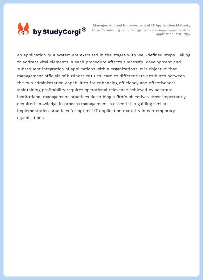 Management and Improvement of IT Application Maturity. Page 2