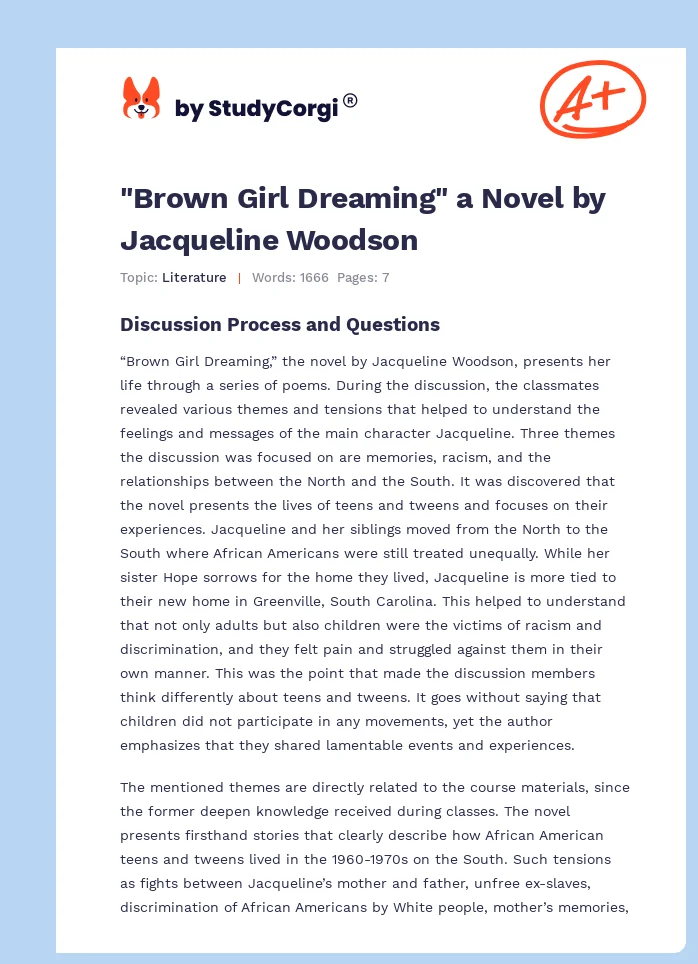 "Brown Girl Dreaming" a Novel by Jacqueline Woodson. Page 1