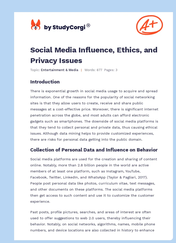 Social Media Influence, Ethics, and Privacy Issues. Page 1