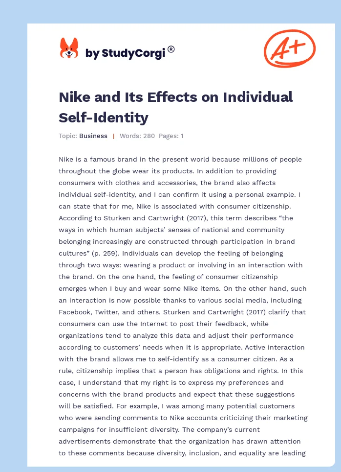 Nike and Its Effects on Individual Self-Identity. Page 1