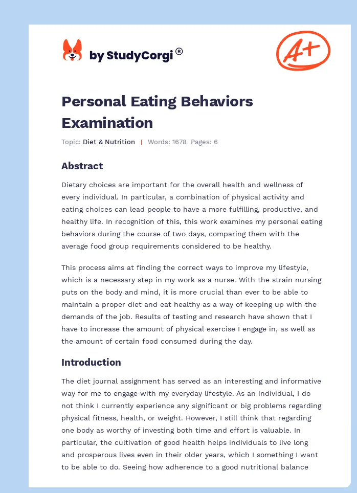 Personal Eating Behaviors Examination. Page 1