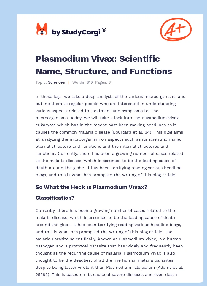 Plasmodium Vivax: Scientific Name, Structure, and Functions. Page 1