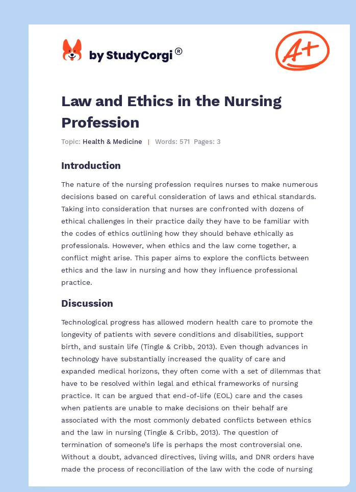 Law and Ethics in the Nursing Profession. Page 1