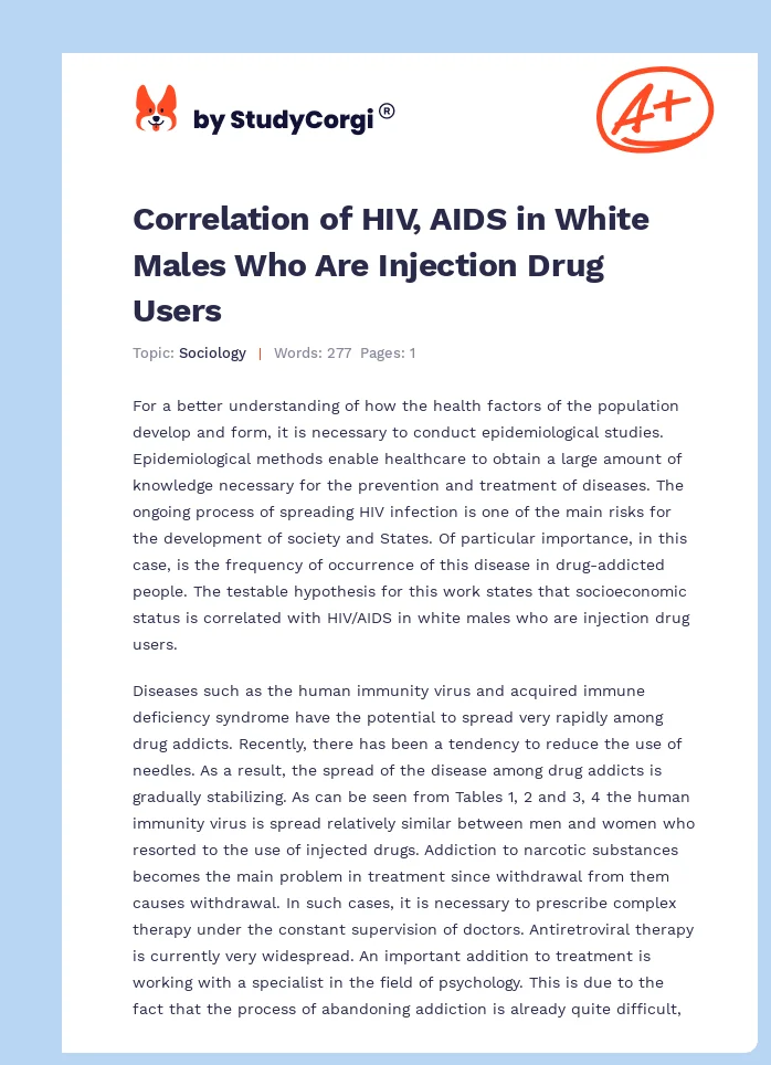 Correlation of HIV, AIDS in White Males Who Are Injection Drug Users. Page 1