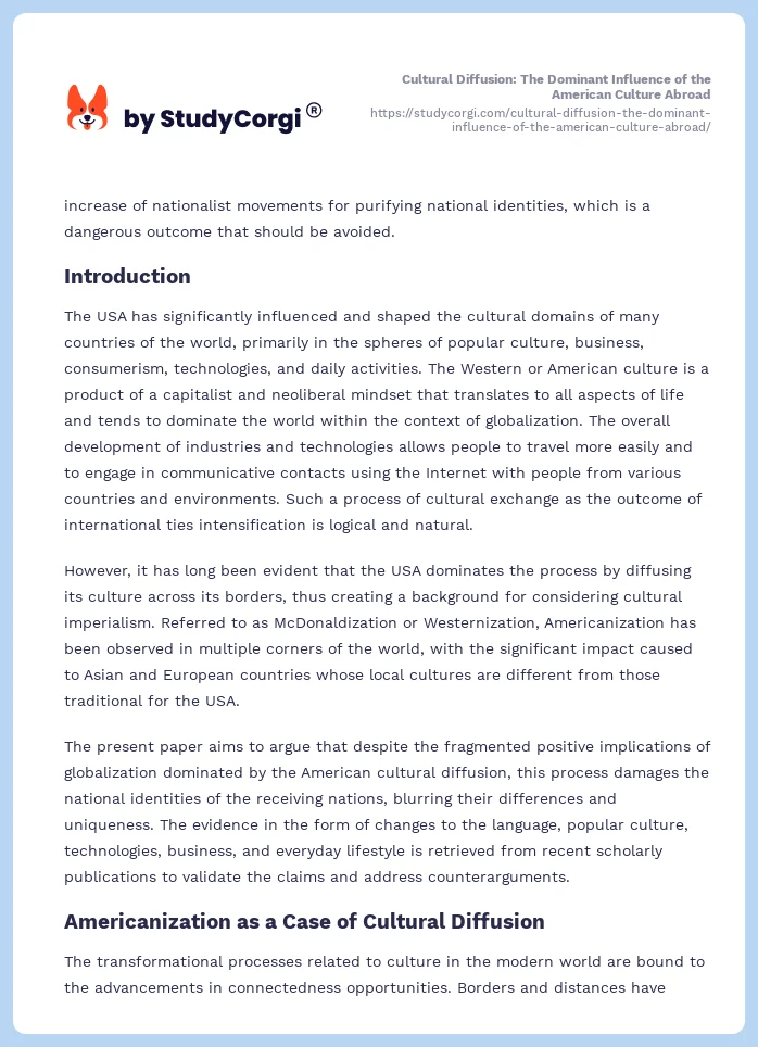 Cultural Diffusion: The Dominant Influence of the American Culture Abroad. Page 2