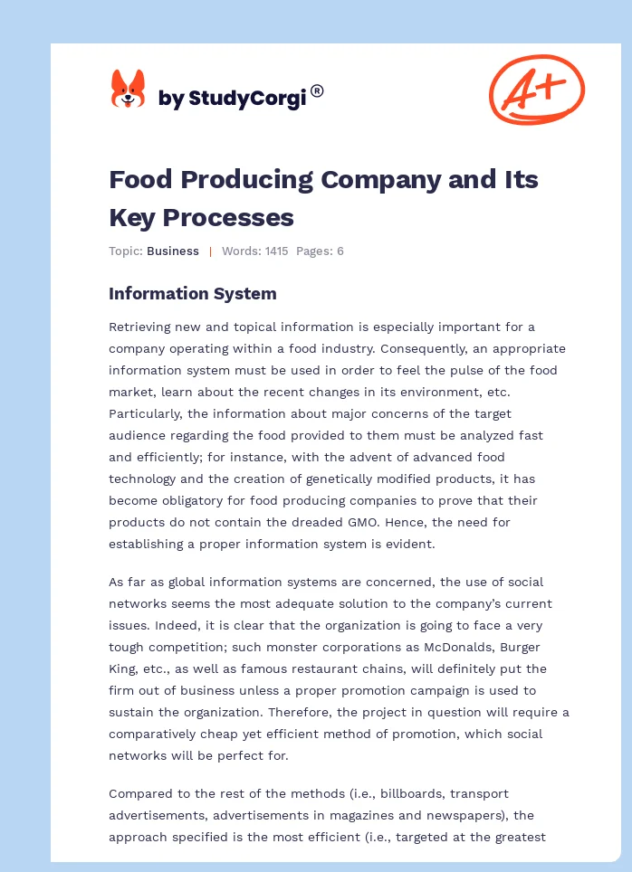 Food Producing Company and Its Key Processes. Page 1