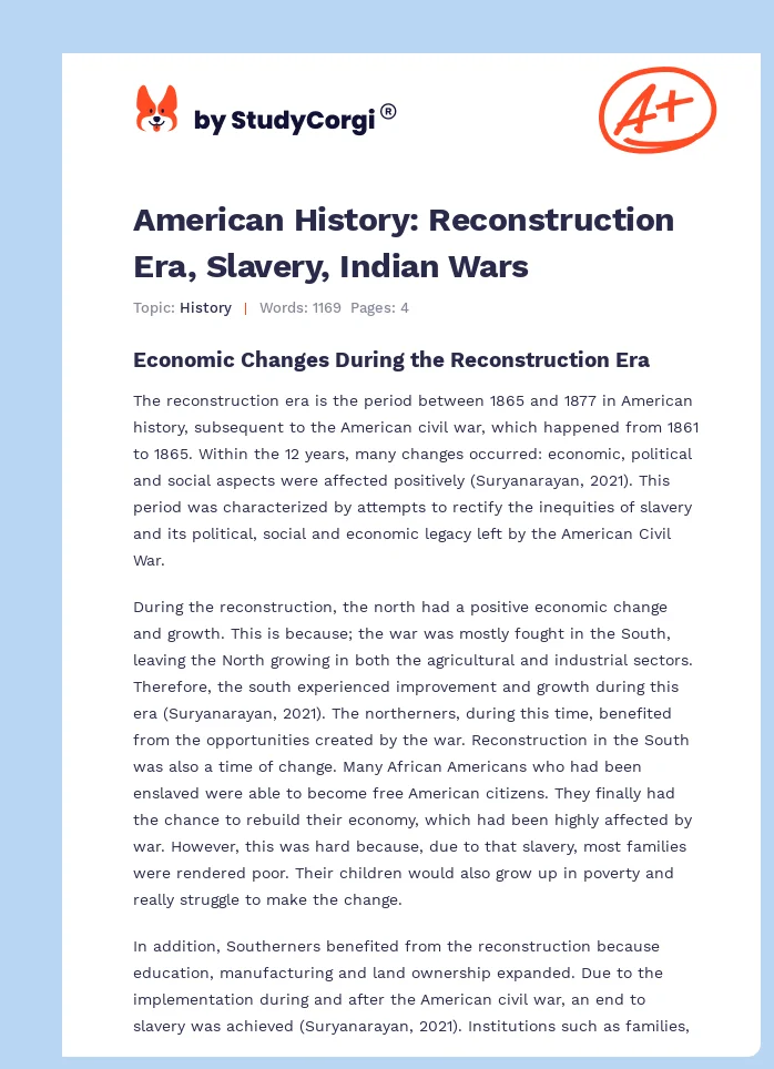 American History: Reconstruction Era, Slavery, Indian Wars. Page 1