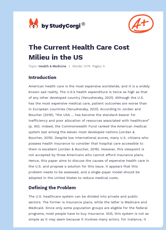 The Current Health Care Cost Milieu in the US. Page 1