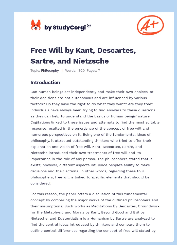 Free Will by Kant, Descartes, Sartre, and Nietzsche. Page 1