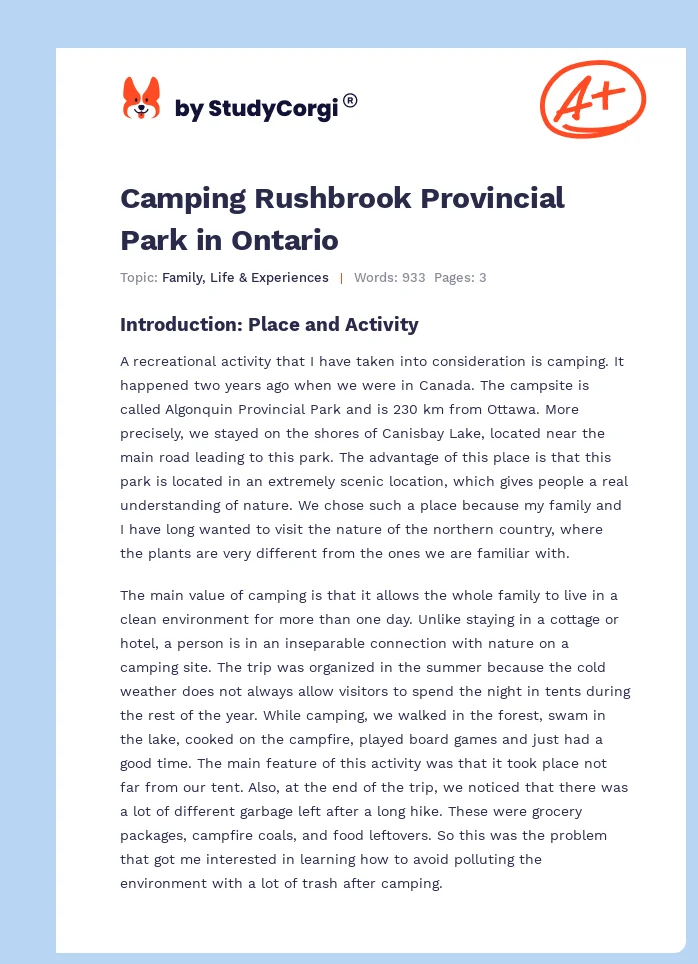 Camping Rushbrook Provincial Park in Ontario. Page 1
