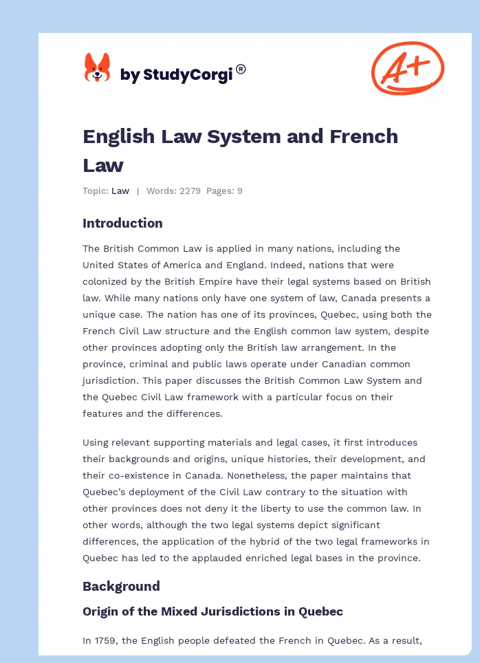 English Law System and French Law. Page 1