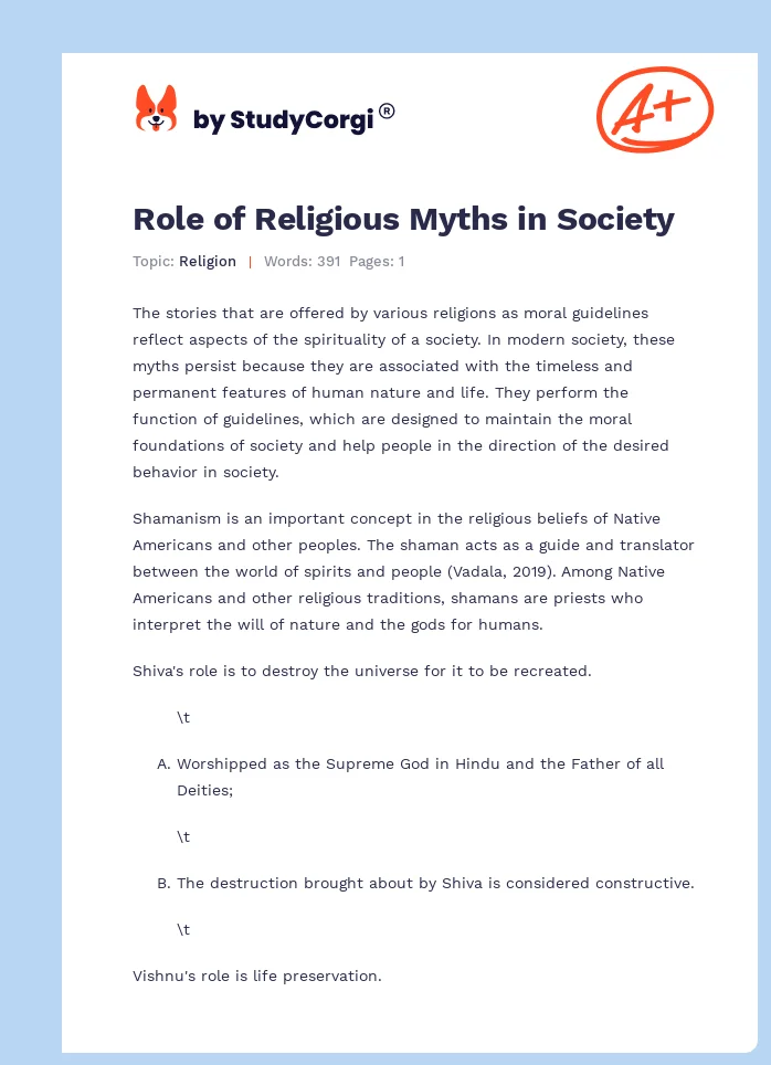 Role of Religious Myths in Society. Page 1