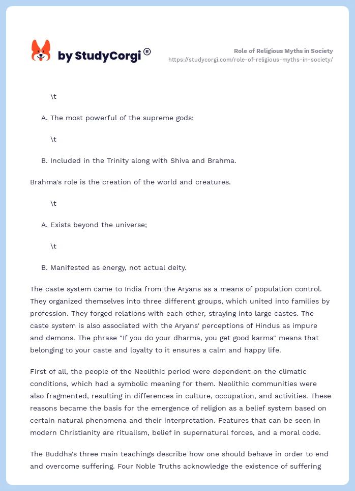 Role of Religious Myths in Society. Page 2