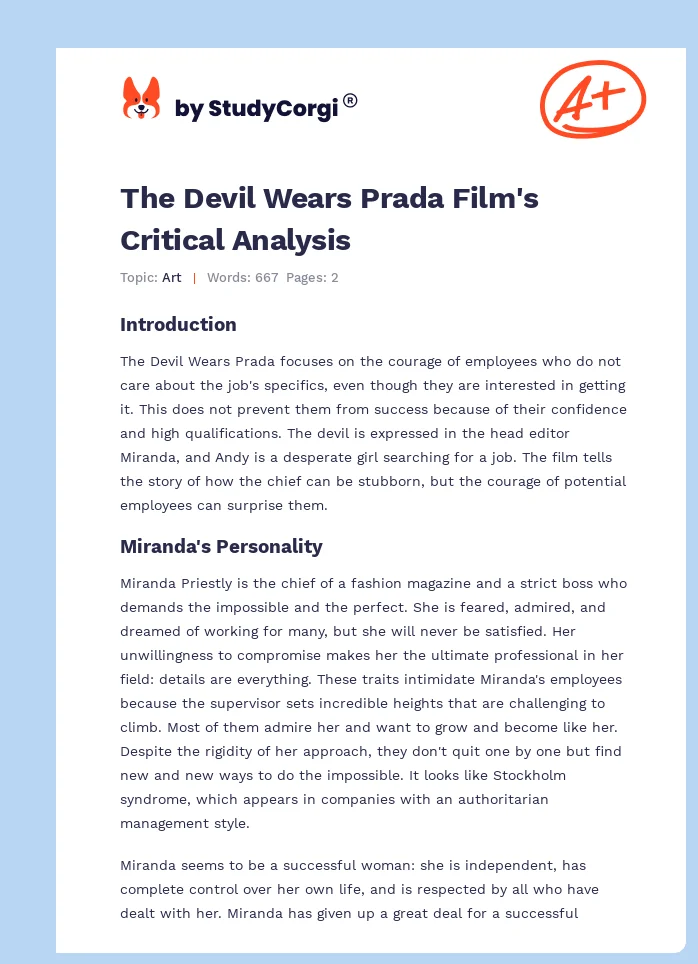 The Devil Wears Prada Film's Critical Analysis. Page 1