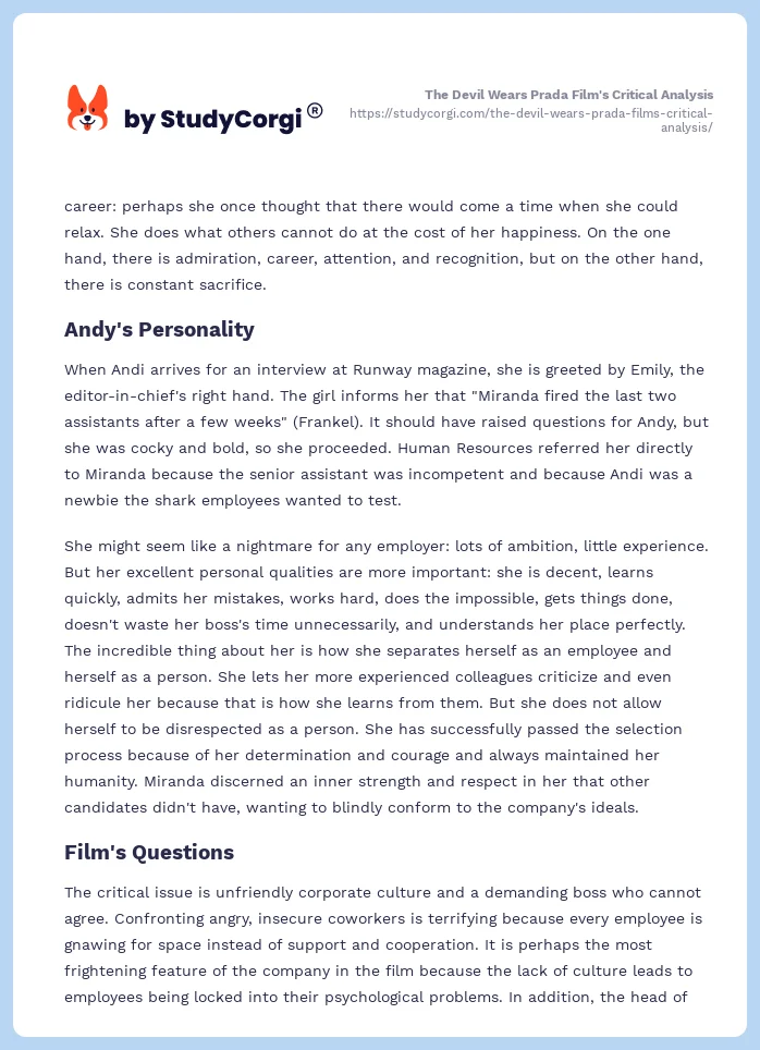 The Devil Wears Prada Film's Critical Analysis. Page 2