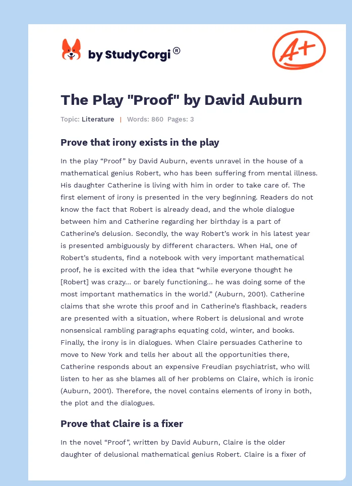 The Play "Proof" by David Auburn. Page 1