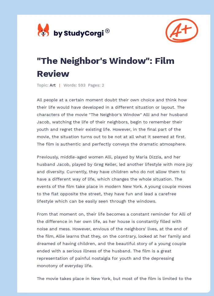 "The Neighbor's Window": Film Review. Page 1