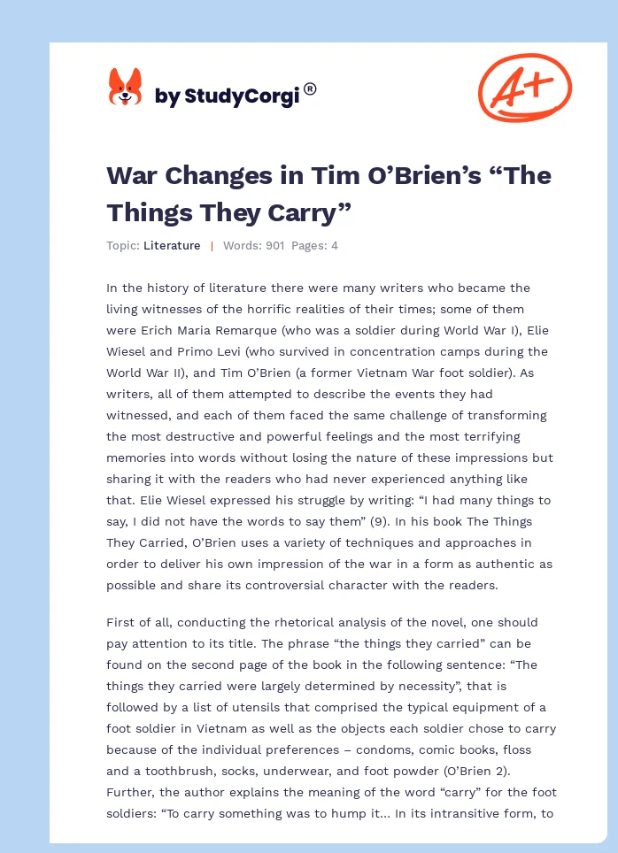 War Changes in Tim O’Brien’s “The Things They Carry”. Page 1