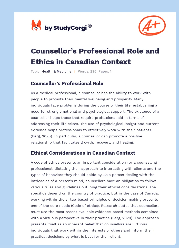 Counsellor’s Professional Role and Ethics in Canadian Context. Page 1