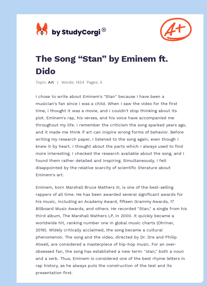 The Song “Stan” by Eminem ft. Dido. Page 1