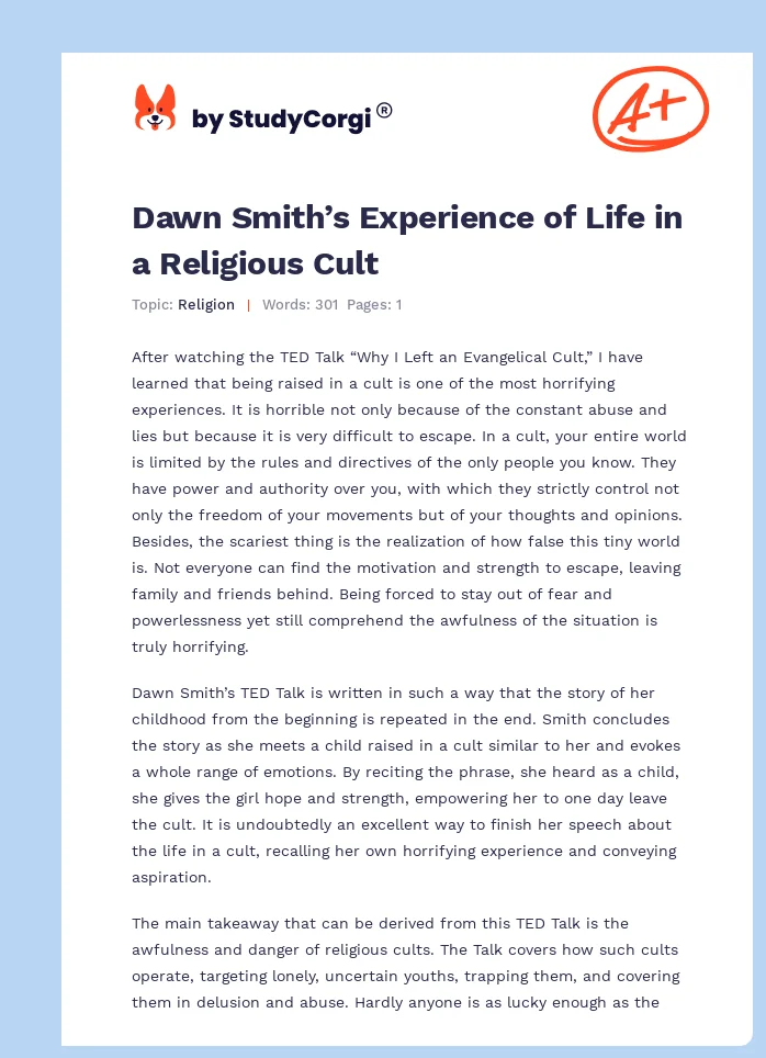 Dawn Smith’s Experience of Life in a Religious Cult. Page 1