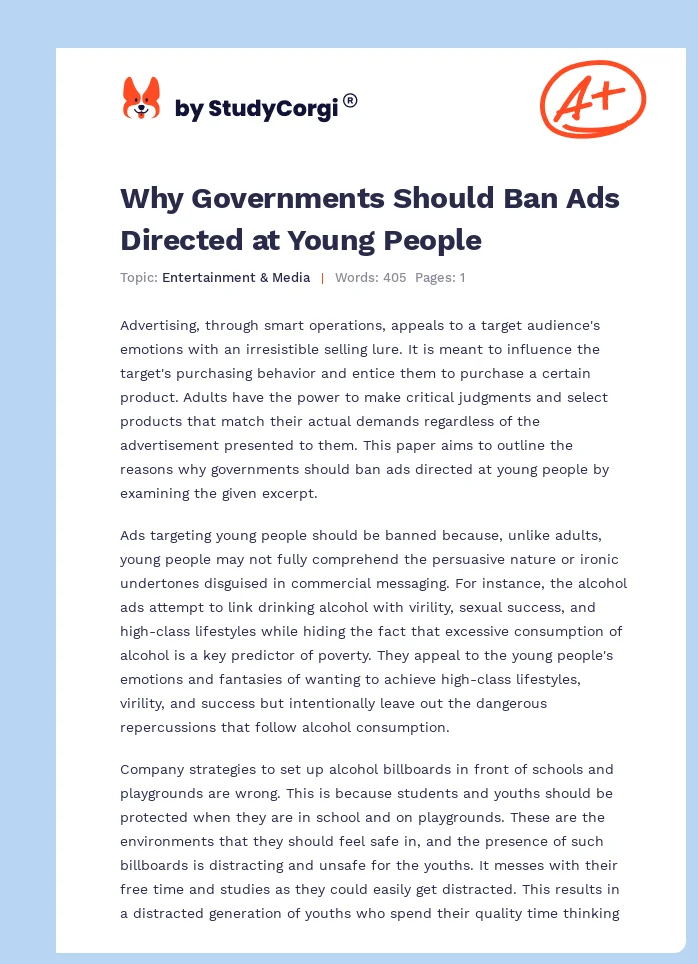 Why Governments Should Ban Ads Directed at Young People. Page 1