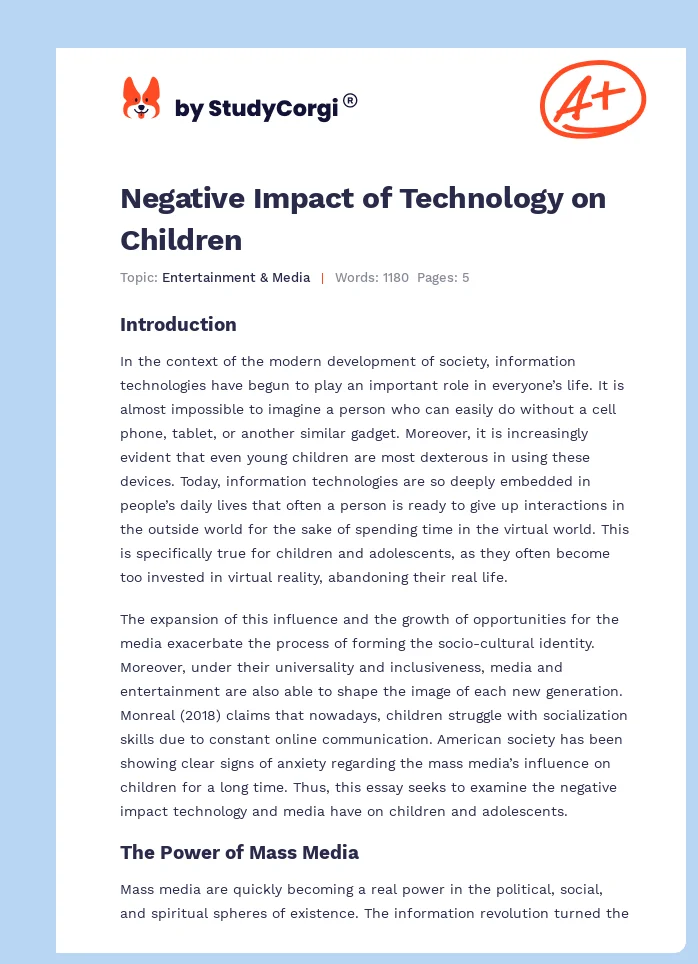 Negative Impact of Technology on Children. Page 1