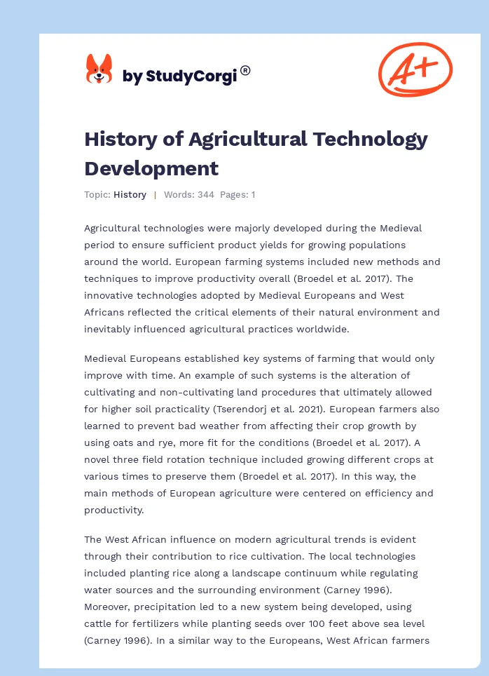 History of Agricultural Technology Development. Page 1
