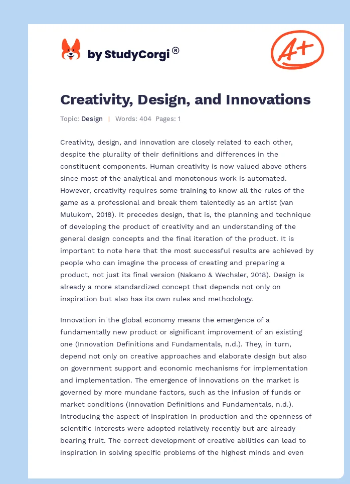 Creativity, Design, and Innovations. Page 1