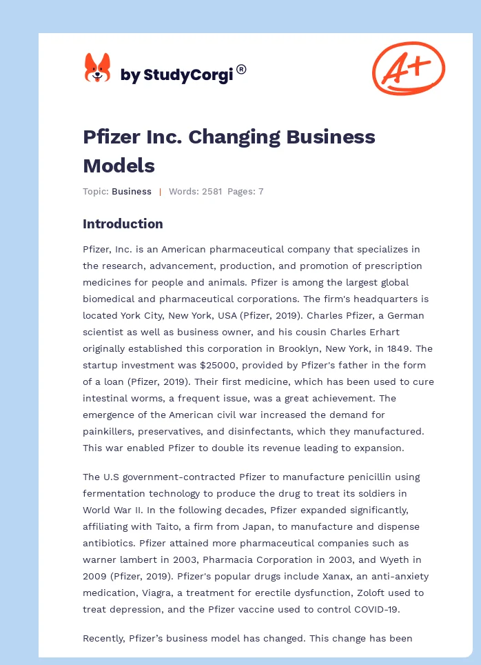 Pfizer Inc. Changing Business Models. Page 1