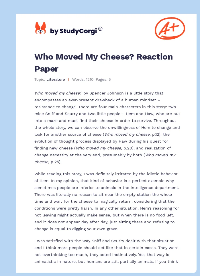 “Who Moved My Cheese?” by Spencer Johnson. Page 1