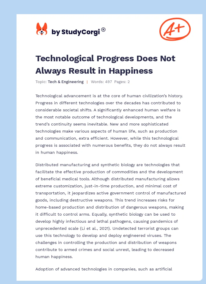 Technological Progress Does Not Always Result in Happiness. Page 1