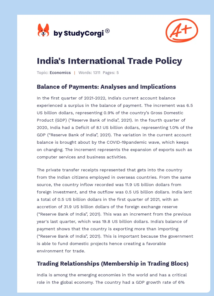 India's International Trade Policy. Page 1
