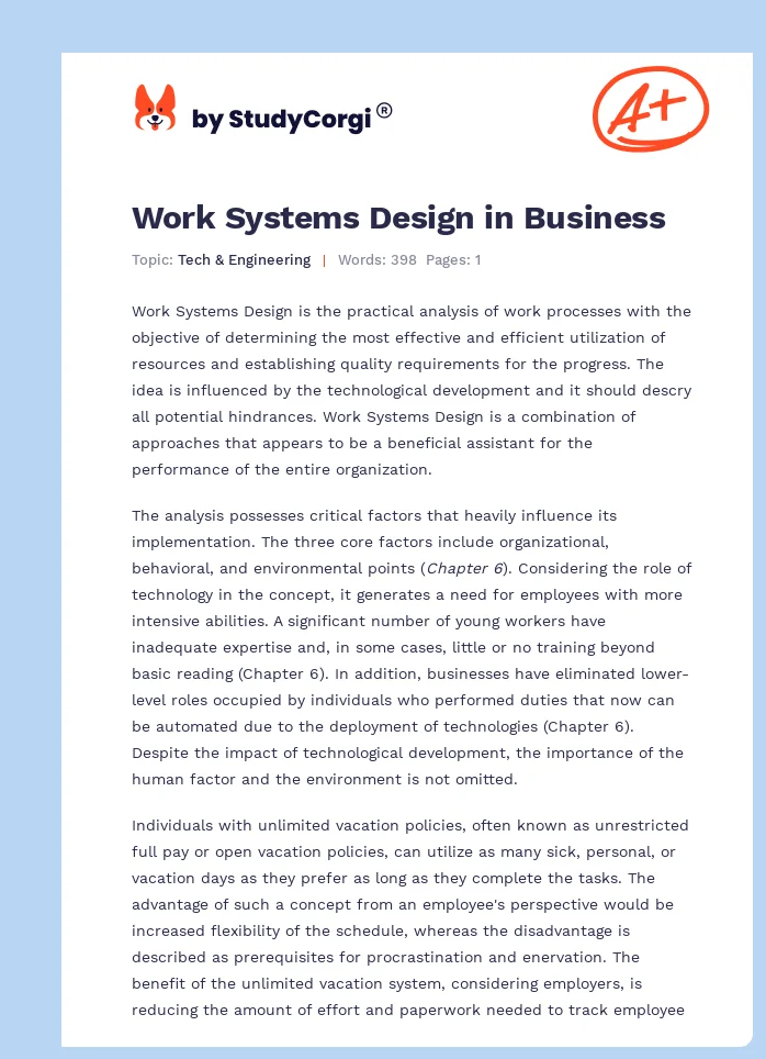 Work Systems Design in Business. Page 1