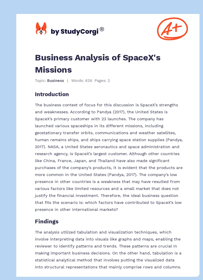 Business Analysis of SpaceX's Missions. Page 1