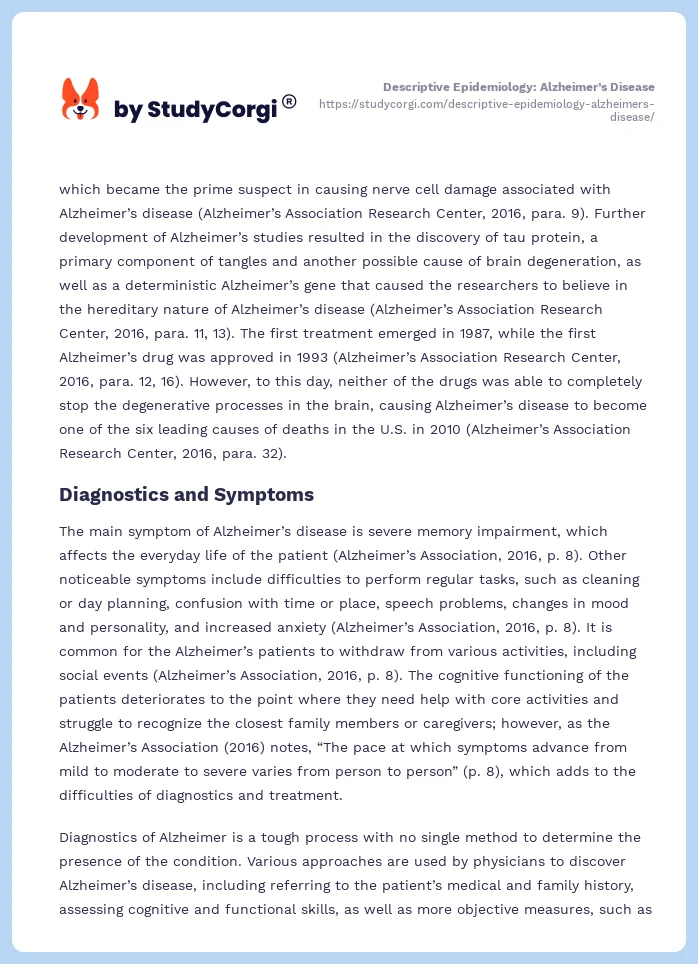 Descriptive Epidemiology: Alzheimer’s Disease. Page 2