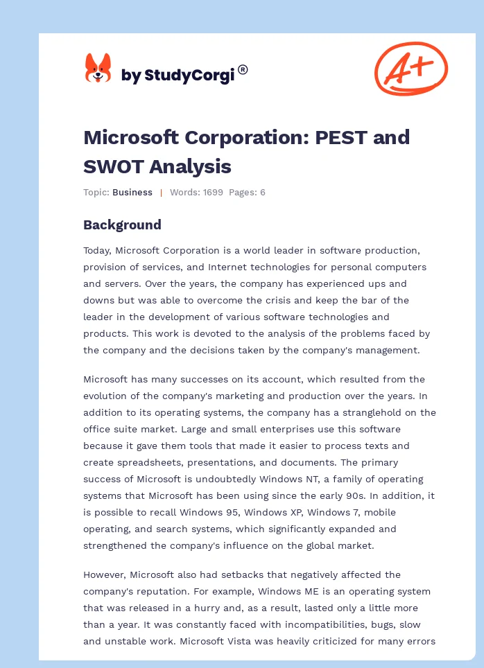 Microsoft Corporation: PEST and SWOT Analysis. Page 1