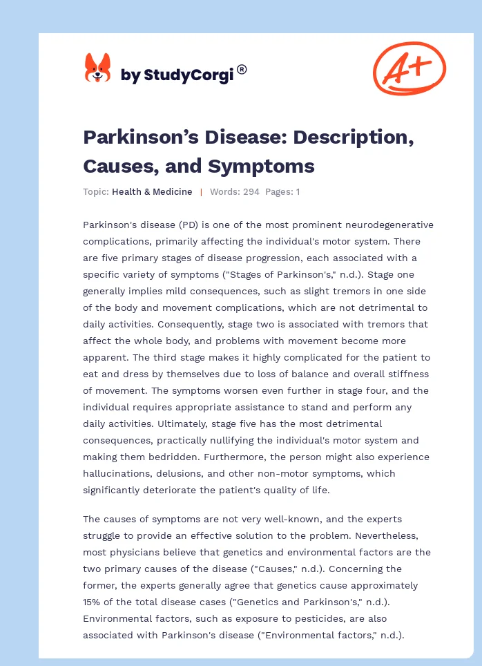 Parkinson’s Disease: Description, Causes, and Symptoms. Page 1