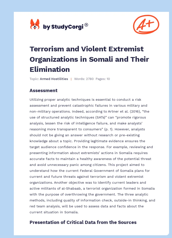 Terrorism and Violent Extremist Organizations in Somali and Their Elimination. Page 1