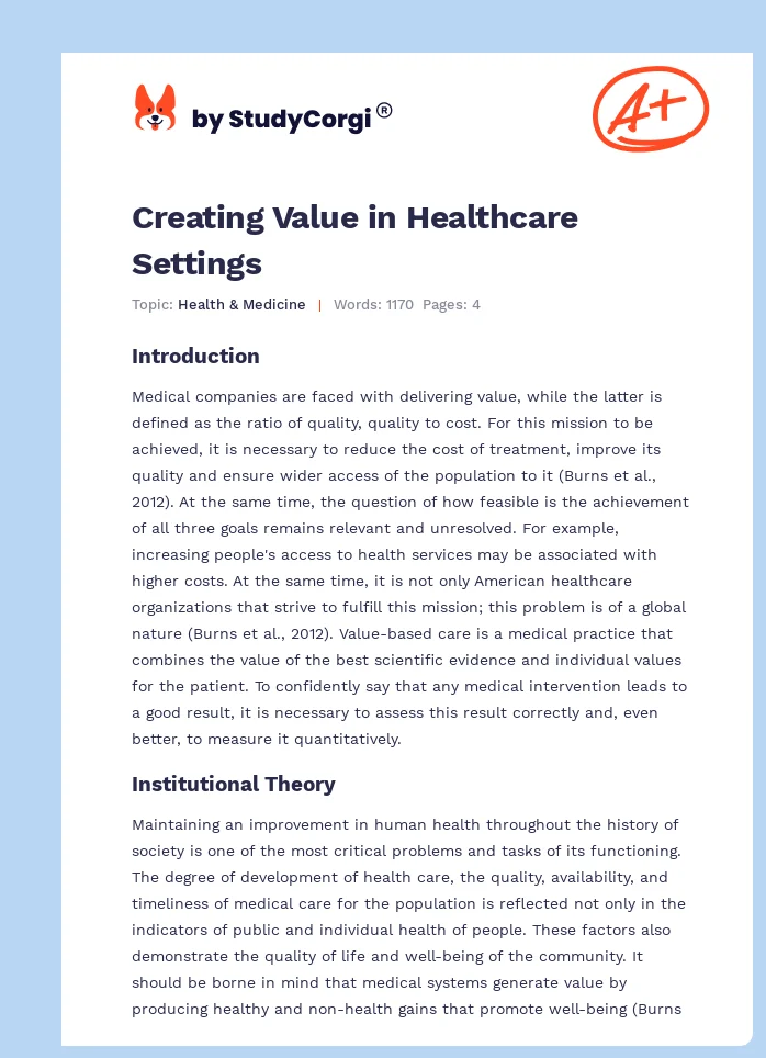 Creating Value in Healthcare Settings. Page 1