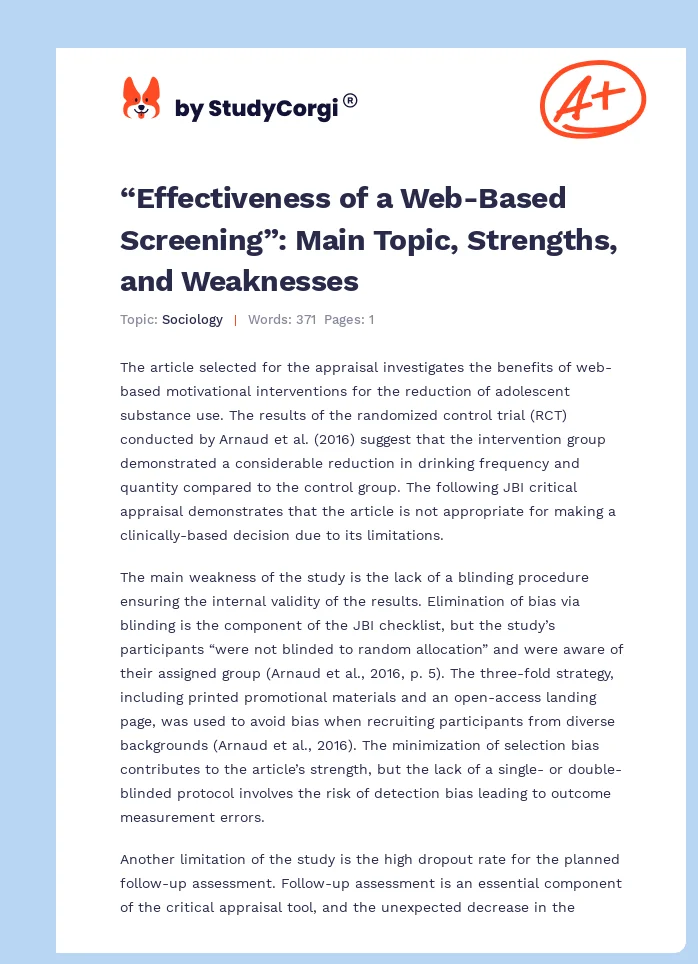 “Effectiveness of a Web-Based Screening”: Main Topic, Strengths, and Weaknesses. Page 1