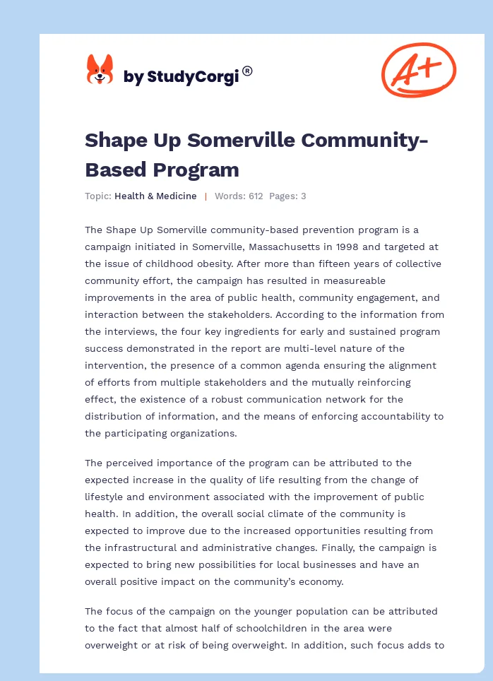 Shape Up Somerville Community-Based Program. Page 1