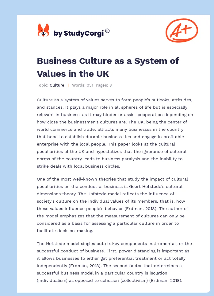 Business Culture as a System of Values in the UK. Page 1