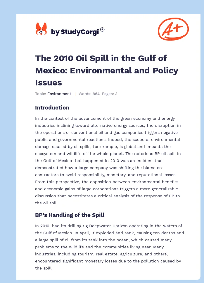 The 2010 Oil Spill in the Gulf of Mexico: Environmental and Policy Issues. Page 1