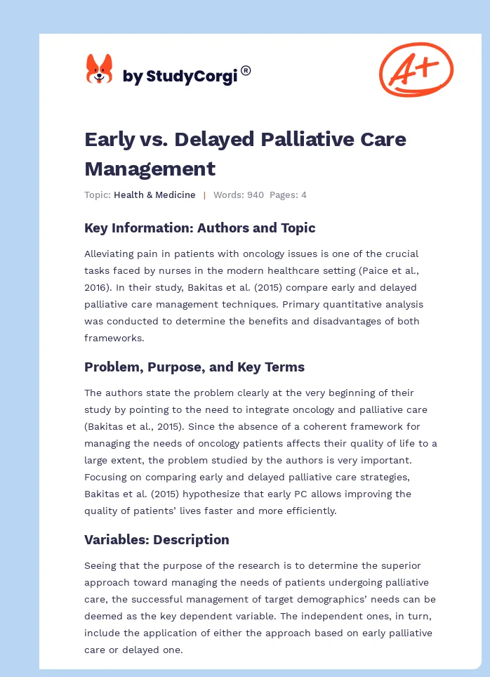 Early vs. Delayed Palliative Care Management. Page 1