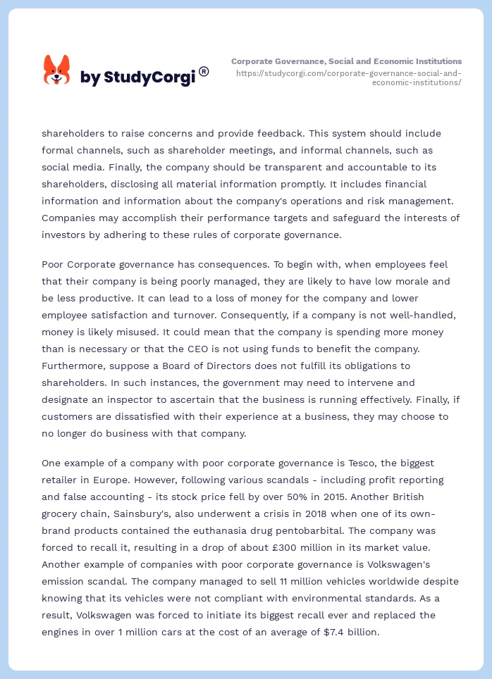 Corporate Governance, Social and Economic Institutions. Page 2