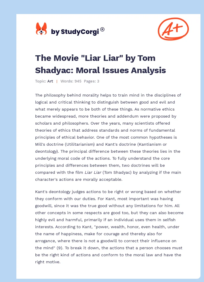 The Movie "Liar Liar" by Tom Shadyac: Moral Issues Analysis. Page 1