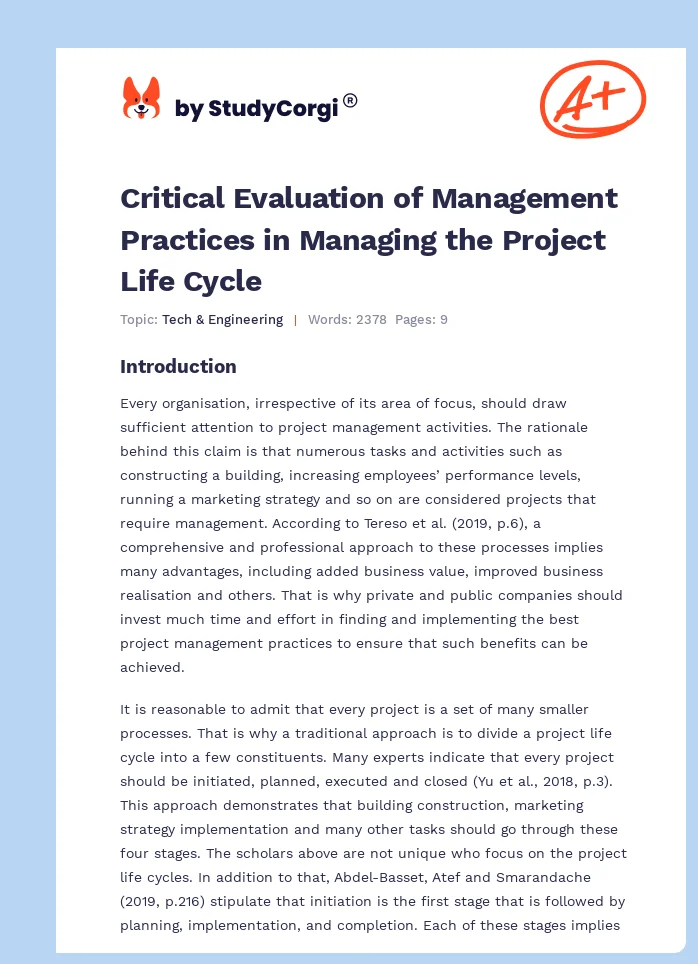 Critical Evaluation of Management Practices in Managing the Project Life Cycle. Page 1